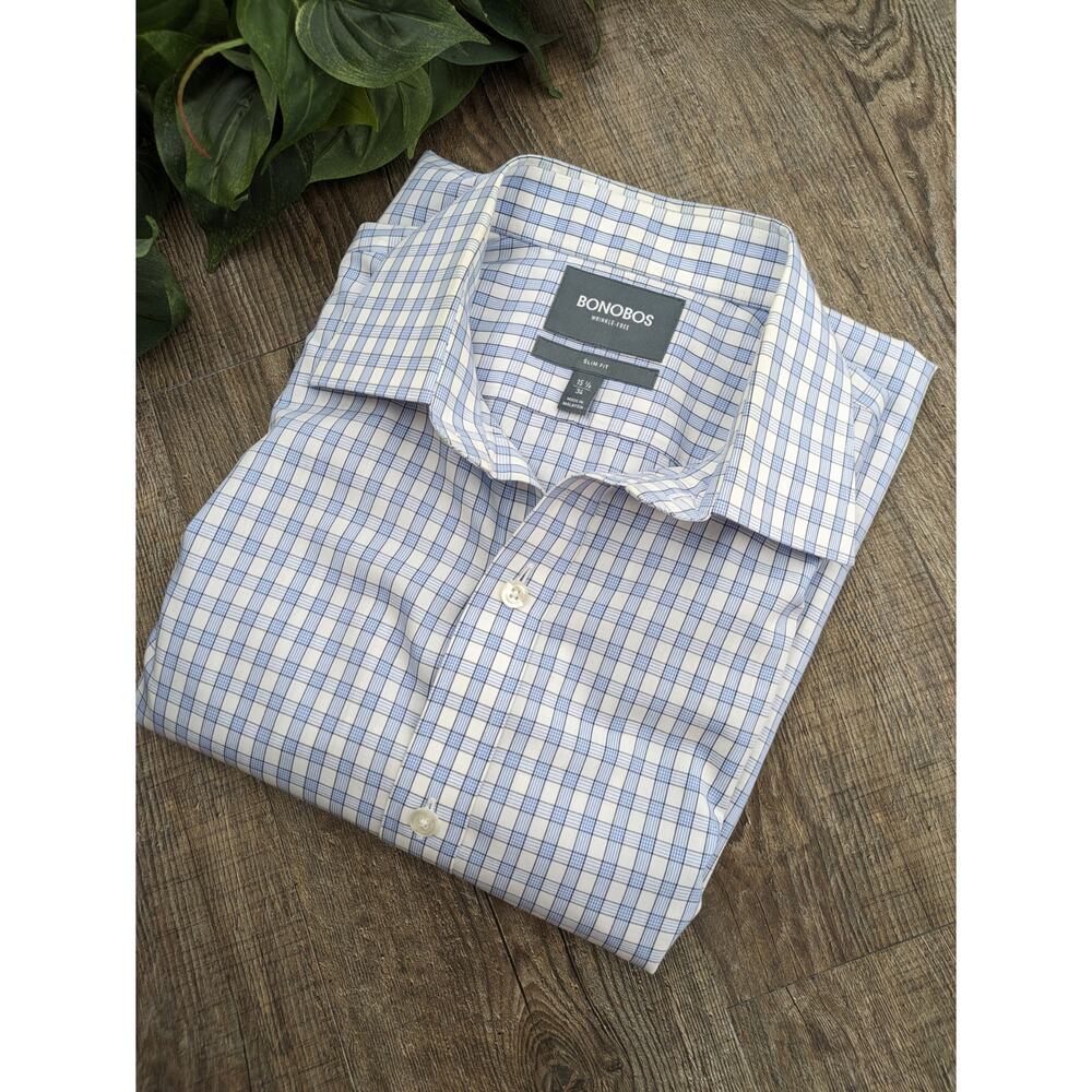 Bonobos Shirt Check Pattern Slim Fit Long Sleeve Classic Blue White Size 15.5